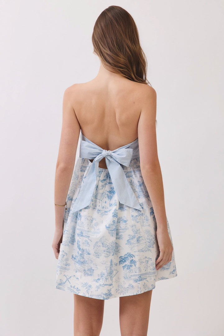 Toile Print Bow Back Mini Dress - Lush Lemon - Women's Clothing - TCEC - 30779891033053