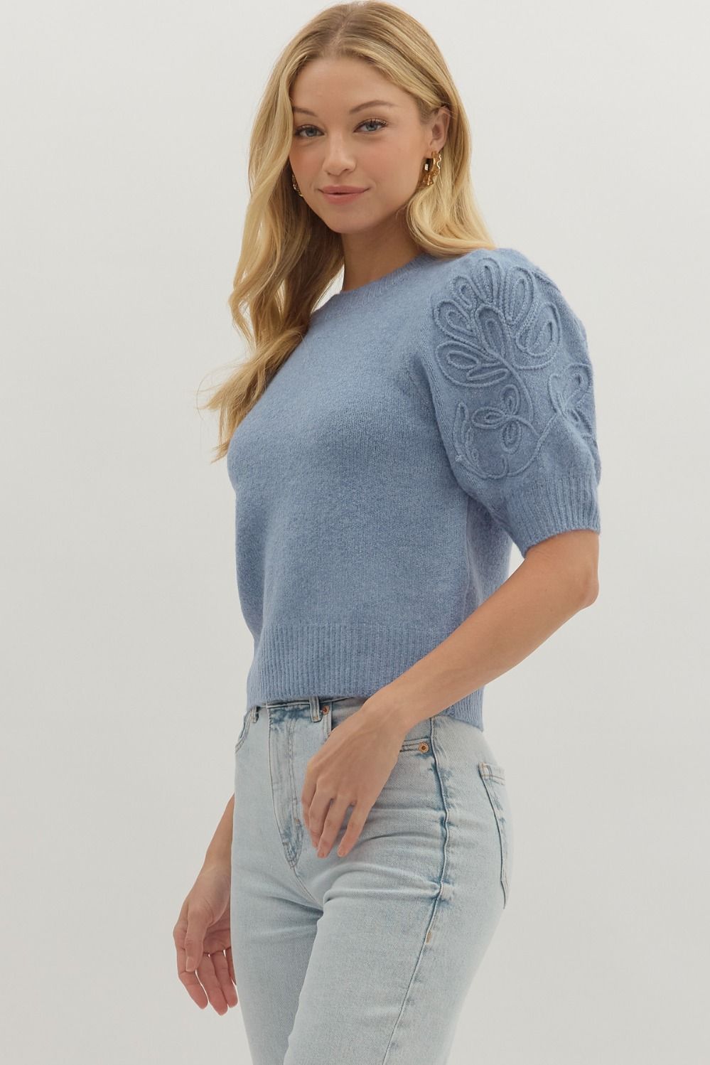 Tonal Appliqué Puff Sleeve Knit Top - Lush Lemon - Women's Clothing - Entro - 82698751070877