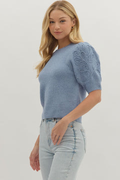 Tonal Appliqué Puff Sleeve Knit Top - Lush Lemon - Women&
