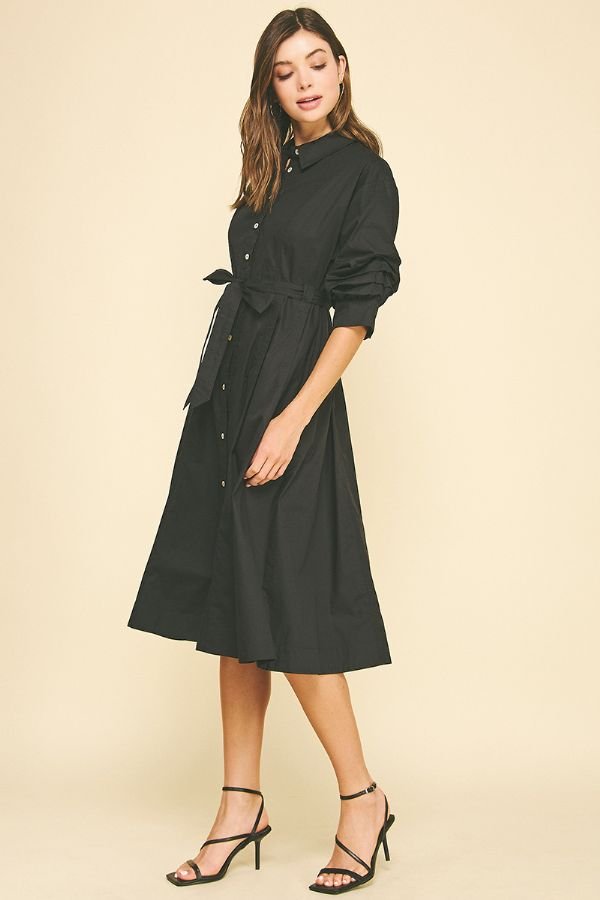 pinch midi dress Tucked Sleeve Button Down Midi Dress - Pinch
