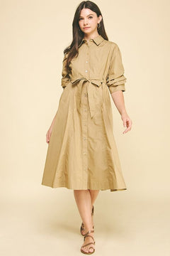 Tucked Sleeve Button Down Midi Dress - Lush Lemon - Women&