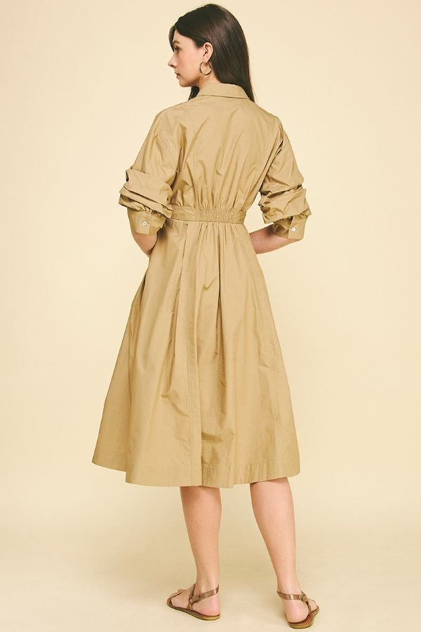 Tucked Sleeve Button Down Midi Dress - Lush Lemon - Women's Clothing - Pinch - 67238131365597