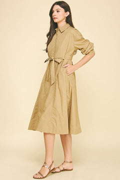 Tucked Sleeve Button Down Midi Dress - Lush Lemon - Women&