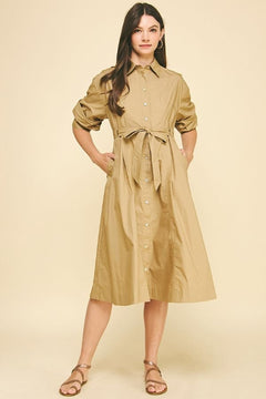 Tucked Sleeve Button Down Midi Dress - Lush Lemon - Women&