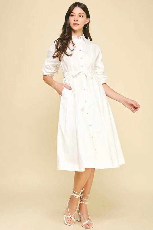 Tucked Sleeve Button Down Midi Dress - Lush Lemon - Women's Clothing - Pinch - 67238131663901
