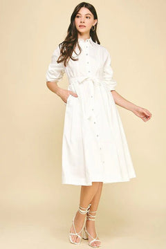 Tucked Sleeve Button Down Midi Dress - Lush Lemon - Women&