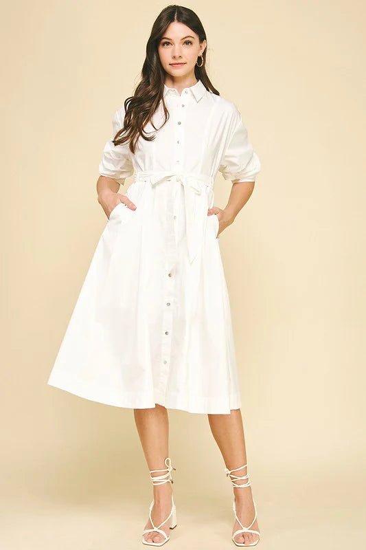Tucked Sleeve Button Down Midi Dress - Lush Lemon - Women's Clothing - Pinch - 67238131663901