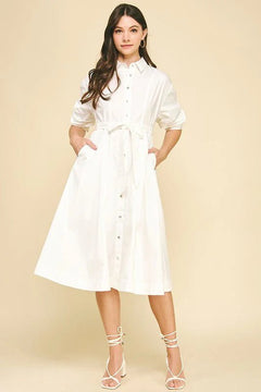 Tucked Sleeve Button Down Midi Dress - Lush Lemon - Women&