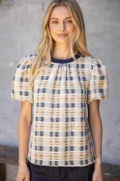 Tweed Bubble Sleeve Contrast Top - Lush Lemon - Women&