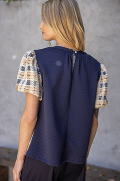 Tweed Bubble Sleeve Contrast Top - Lush Lemon - Women&