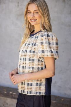 Tweed Bubble Sleeve Contrast Top - Lush Lemon - Women&