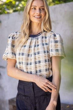 Tweed Bubble Sleeve Contrast Top - Lush Lemon - Women&