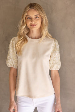 Tweed Sequin Sleeve Velvet Top - Lush Lemon - Women&