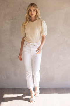 Tweed Sequin Sleeve Velvet Top - Lush Lemon - Women&