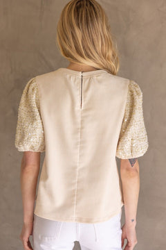 Tweed Sequin Sleeve Velvet Top - Lush Lemon - Women&