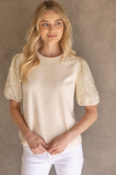 Tweed Sequin Sleeve Velvet Top - Lush Lemon - Women&