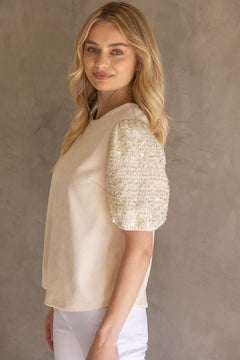 Tweed Sequin Sleeve Velvet Top - Lush Lemon - Women&