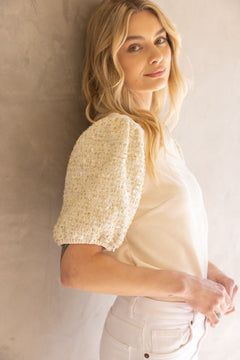 Tweed Sequin Sleeve Velvet Top - Lush Lemon - Women&
