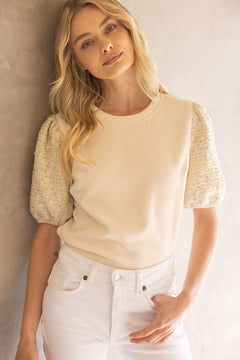 Tweed Sequin Sleeve Velvet Top - Lush Lemon - Women&