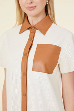 Vegan Leather Perforated Short Sleeve Dress - Lush Lemon - Women&