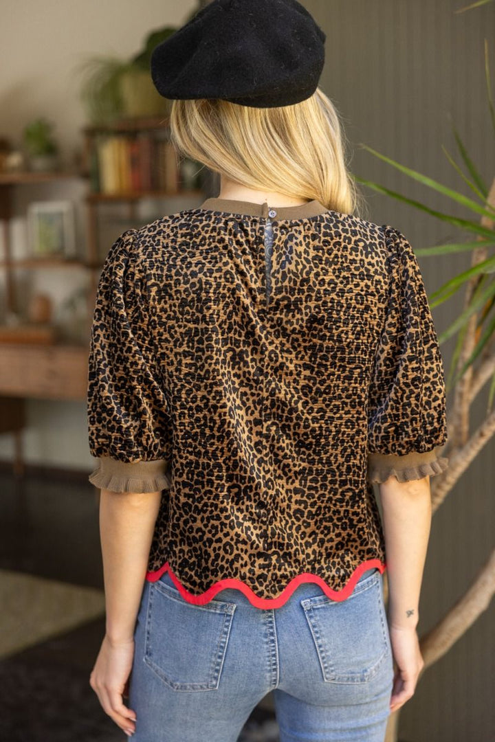 Velvet Animal Print Top W/Wavy Hem - Lush Lemon - Women's Clothing - Voy - 43615171009277