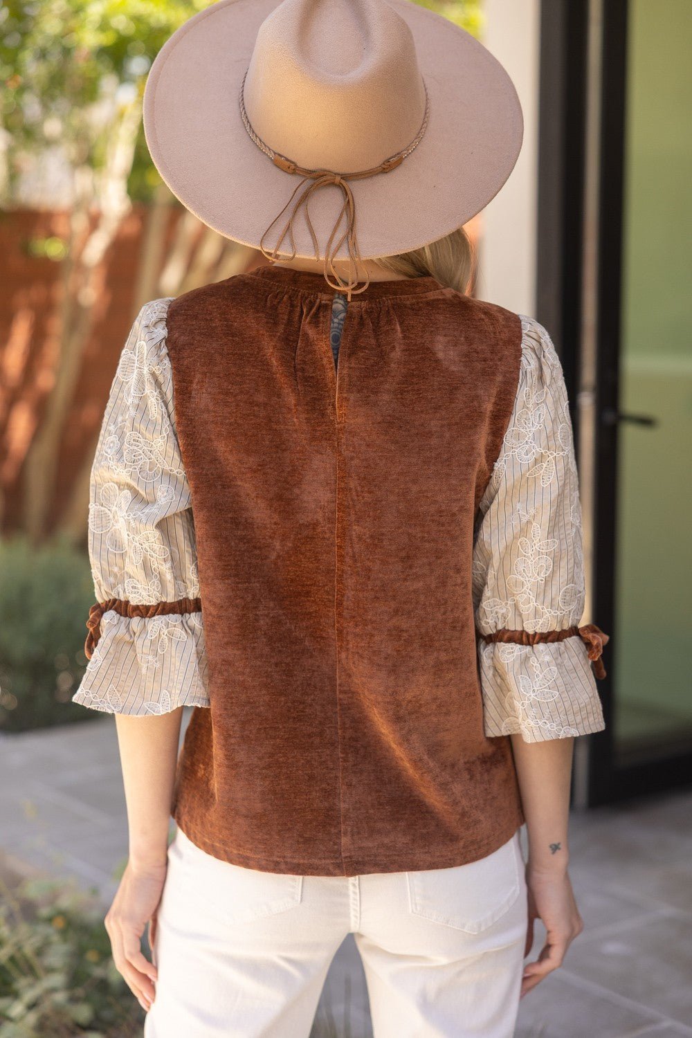 Velvet Embroidered Sleeve Top W/Bows - Lush Lemon - Women's Clothing - Voy - 51030141025405