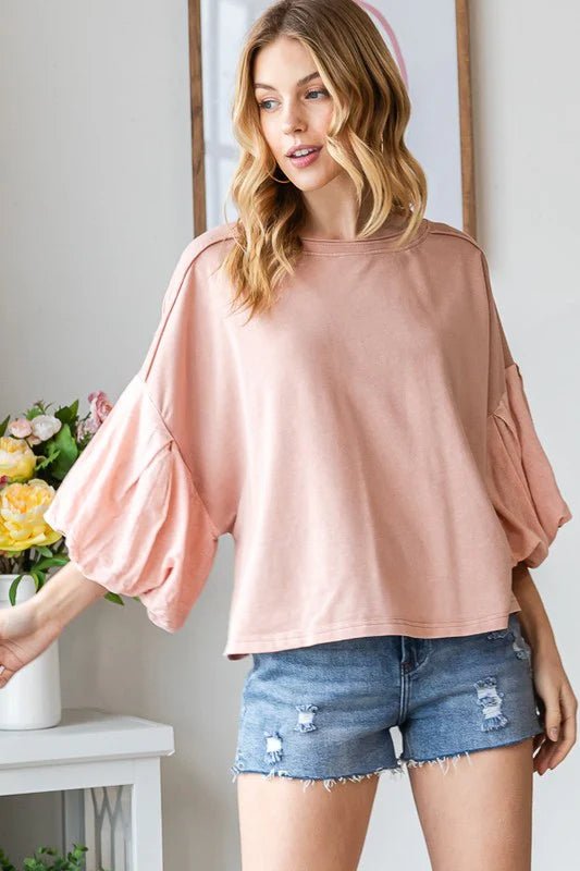 Washed Bubble Sleeve Knit Top - Lush Lemon - Women's Clothing - Oli & Hali - 36311811079805