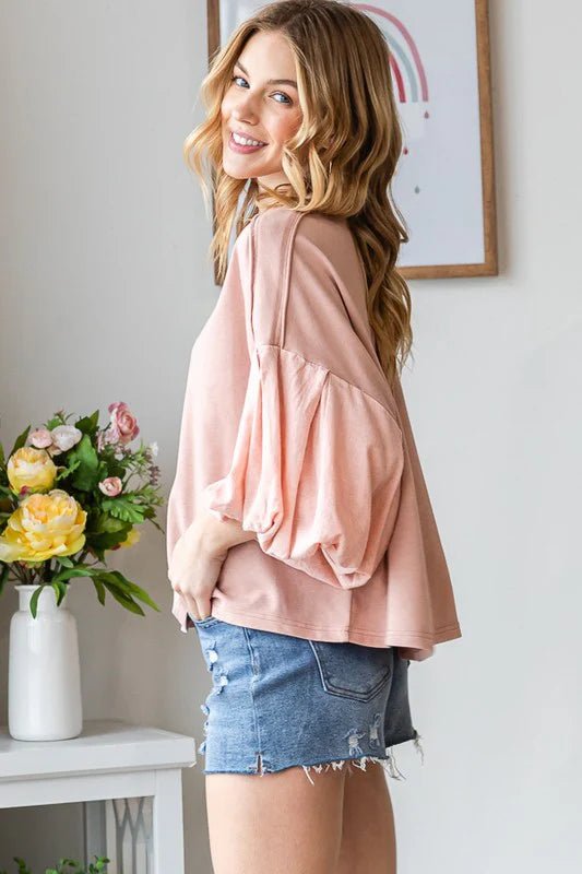 Washed Bubble Sleeve Knit Top - Lush Lemon - Women's Clothing - Oli & Hali - 36311811079805