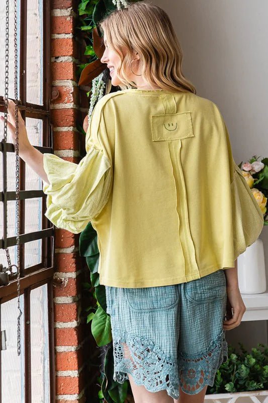 Washed Bubble Sleeve Knit Top - Lush Lemon - Women's Clothing - Oli & Hali - 36311811410877