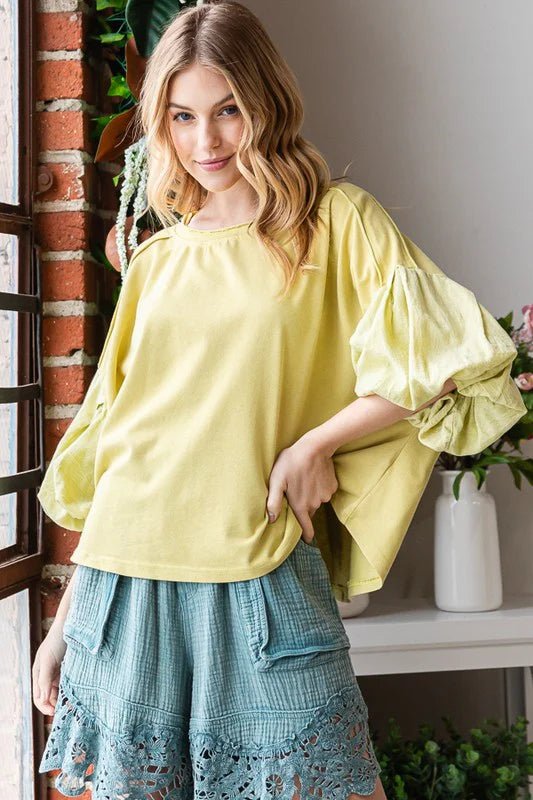 Washed Bubble Sleeve Knit Top - Lush Lemon - Women's Clothing - Oli & Hali - 36311811410877
