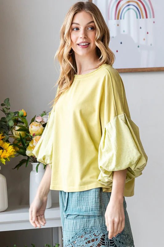 Washed Bubble Sleeve Knit Top - Lush Lemon - Women's Clothing - Oli & Hali - 36311811410877