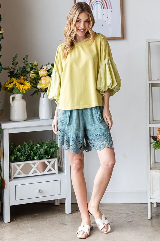 Washed Bubble Sleeve Knit Top - Lush Lemon - Women's Clothing - Oli & Hali - 36311811410877