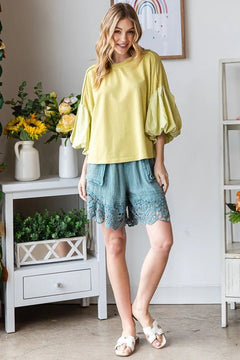 Washed Bubble Sleeve Knit Top - Lush Lemon - Women&