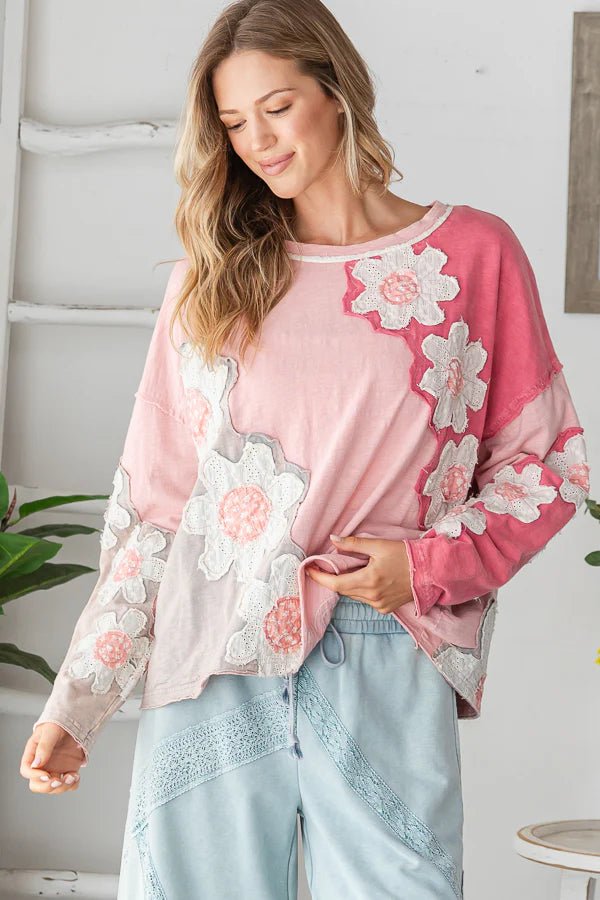 Washed Eyelet Patchwork Knit Top - Lush Lemon - Women's Clothing - Oli & Hali - 84467981089437