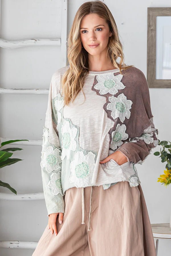 Washed Eyelet Patchwork Knit Top - Lush Lemon - Women's Clothing - Oli & Hali - 84467981420509