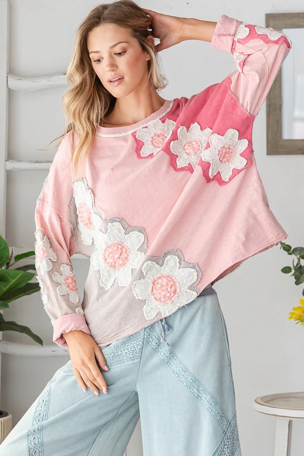 Washed Eyelet Patchwork Knit Top - Lush Lemon - Women's Clothing - Oli & Hali - 84467981420509