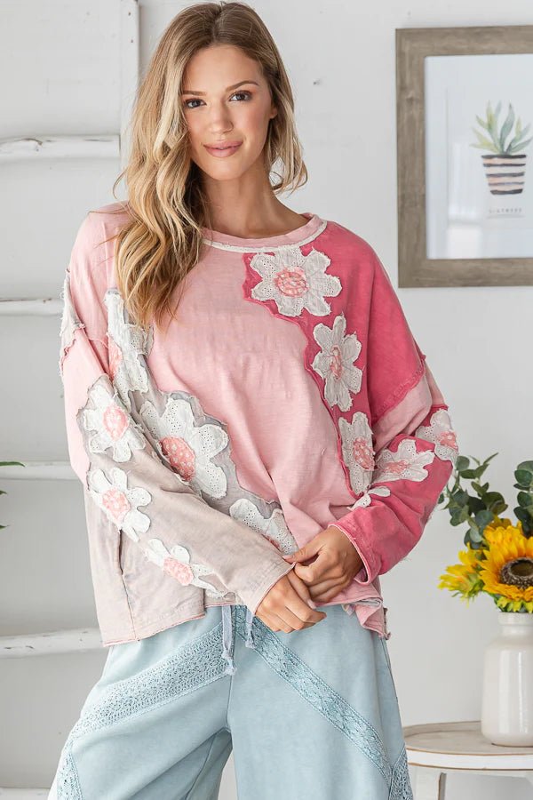 Washed Eyelet Patchwork Knit Top - Lush Lemon - Women's Clothing - Oli & Hali - 84467981420509