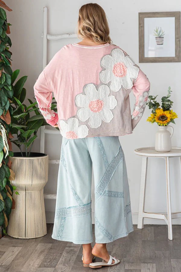 Washed Eyelet Patchwork Knit Top - Lush Lemon - Women's Clothing - Oli & Hali - 84467981420509