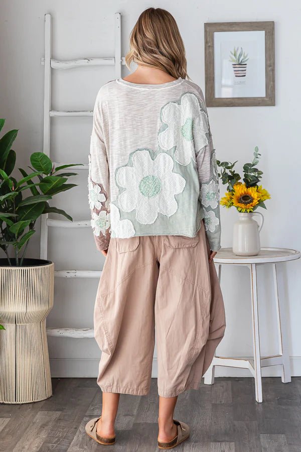 Washed Eyelet Patchwork Knit Top - Lush Lemon - Women's Clothing - Oli & Hali - 84467981420509