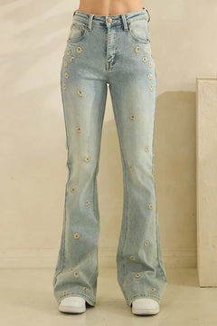 Washed Floral Embroidered Denim Jeans - Lush Lemon - Women&