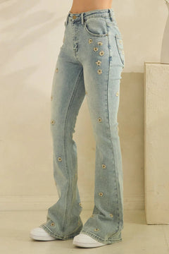 Washed Floral Embroidered Denim Jeans - Lush Lemon - Women&