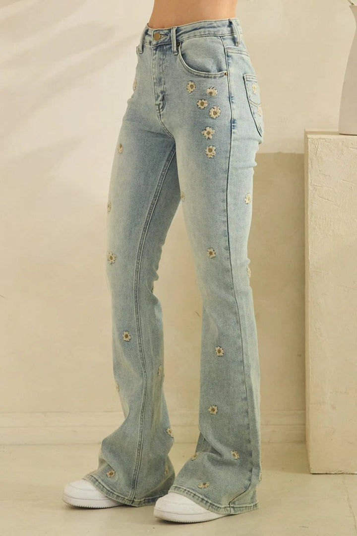 Washed Floral Embroidered Denim Jeans - Lush Lemon - Women's Clothing - Oli & Hali - 39922051058525