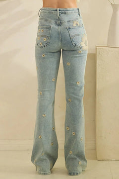 Washed Floral Embroidered Denim Jeans - Lush Lemon - Women&
