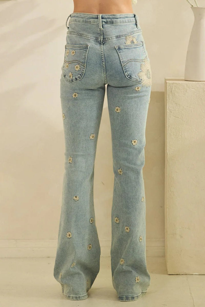 Washed Floral Embroidered Denim Jeans - Lush Lemon - Women's Clothing - Oli & Hali - 39922051058525