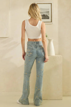 Washed Floral Embroidered Denim Jeans - Lush Lemon - Women&