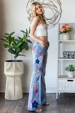 Washed Flower Embroidery Denim Pant - Lush Lemon - Women&