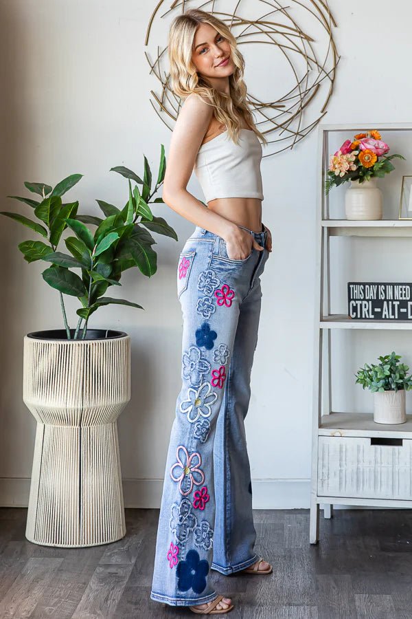 Washed Flower Embroidery Denim Pant - Lush Lemon - Women's Clothing - Oli & Hali - 54192351094749