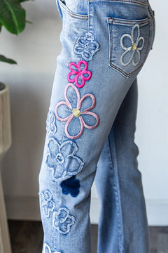 Washed Flower Embroidery Denim Pant - Lush Lemon - Women&