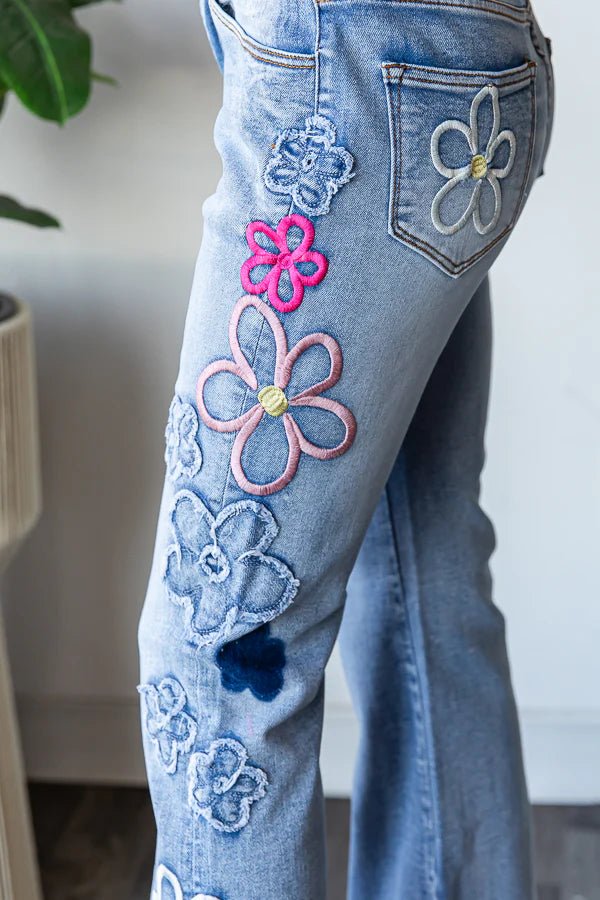 Washed Flower Embroidery Denim Pant - Lush Lemon - Women's Clothing - Oli & Hali - 54192351094749