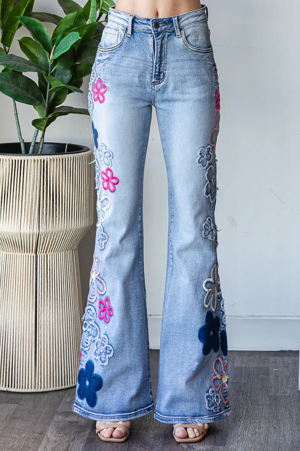 Washed Flower Embroidery Denim Pant - Lush Lemon - Women's Clothing - Oli & Hali - 54192351094749